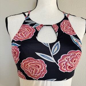 Roxy Bikini Top Halter Crisscross Back Keyhole Front Flowers Floral Women Size S